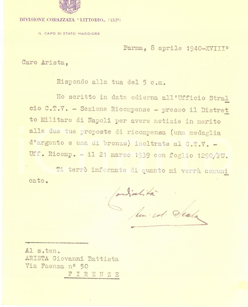 Autografo originale 1940 PARMA Divisione Corazzata LITTORIO  Ten. col. Alessandro SCALA  AUTOGRAFO 1