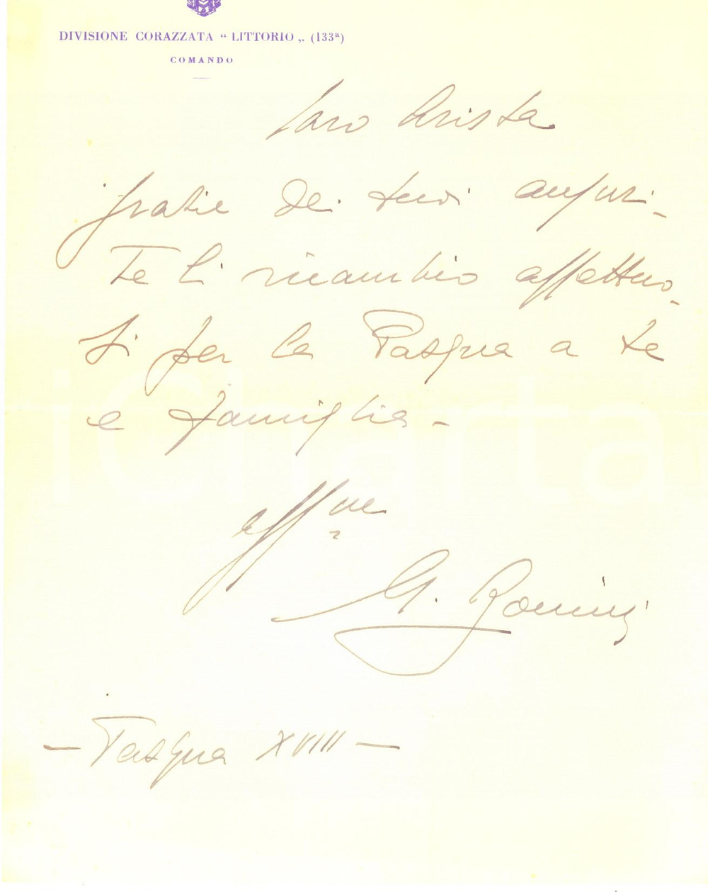 Autografo originale 1940 s.l. Divisione Corazzata LITTORIO  Lettera Giuseppe BONINI  Autografo 1