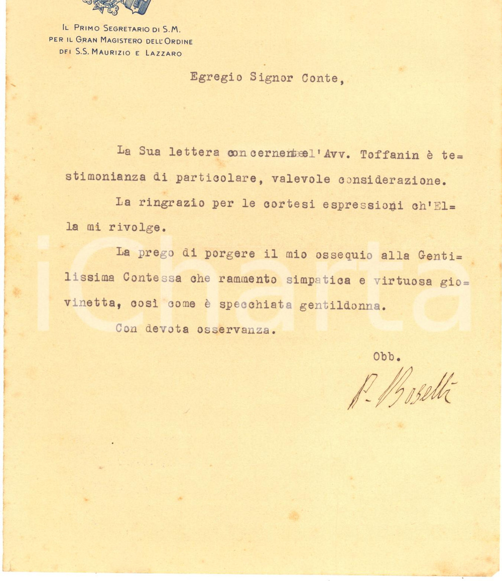 1930 ROMA ORDINE MAURIZIANO Lettera Paolo BOSELLI per ringraziamento - Autografo Lettera dattiloscritta, con firma autografa, su carta intestata.CONDIZIONI: FAIR (piegatura centrale d'epoca, all'angolo superiore sinistro e lievi fioriture)    originale e autentica 1