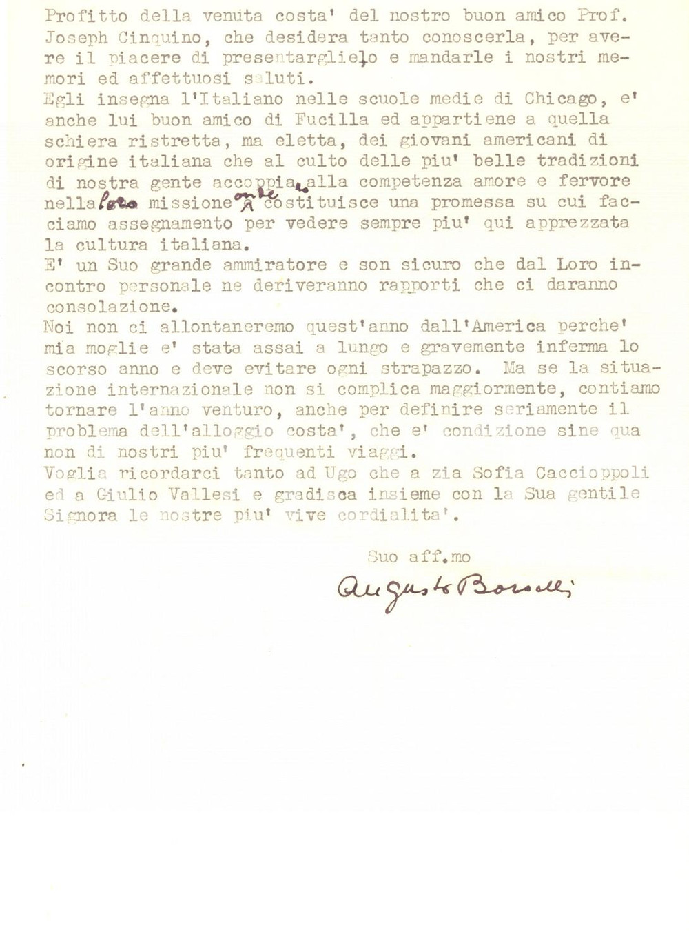 Autografo originale 1951 CHICAGO Lettera Augusto BORSELLI a un collega in arrivo  Autografo 1