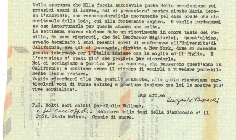 Autografo originale 1953 CHICAGO Lettera Augusto BORSELLI a un collega in Italia  Autografo 1