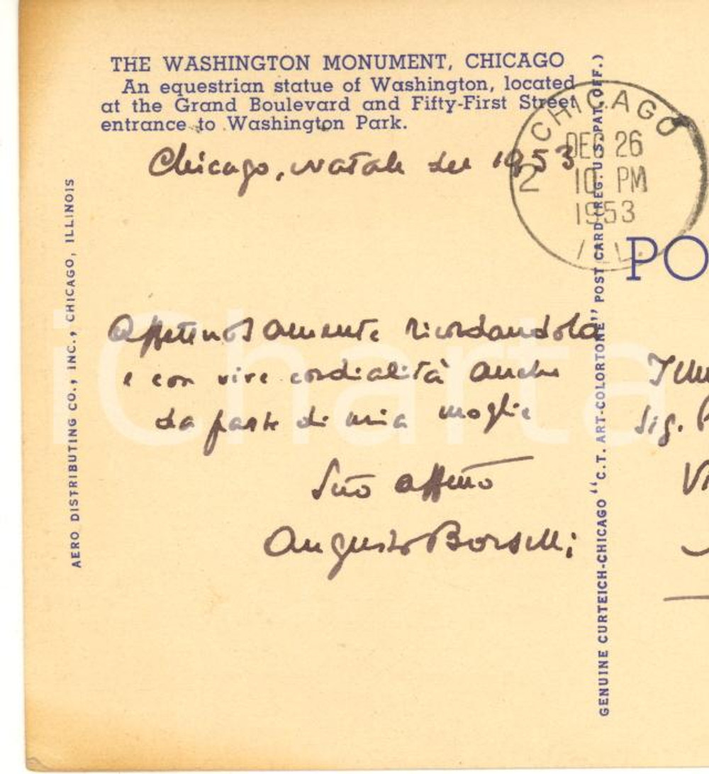 Autografo originale 1953 CHICAGO Cartolina Augusto BORSELLI a un collega italiano  Autografo 1