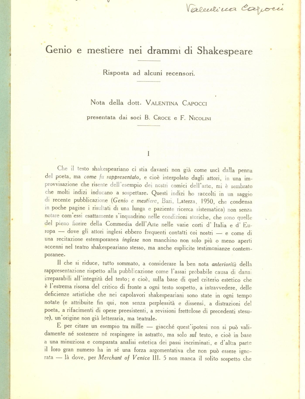 Libro, pubblicazione d epoca 1966 Valentina CAPOCCI Genio e mestiere nei drammi di Shakespeare  AUTOGRAFO 1