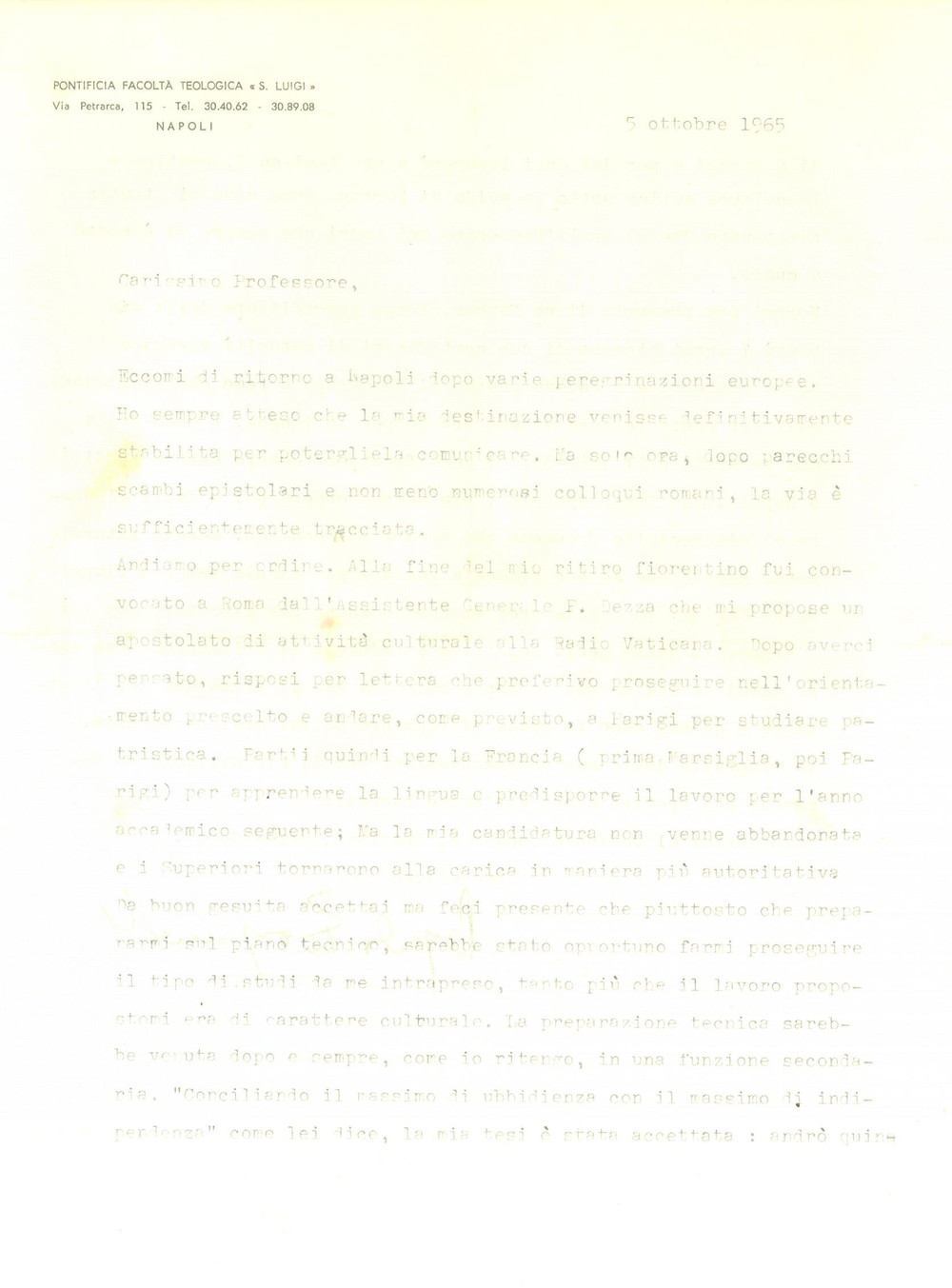 Autografo originale 1965 NAPOLI Lettera padre Pasquale BORGOMEO in partenza per Parigi  AUTOGRAFO 1