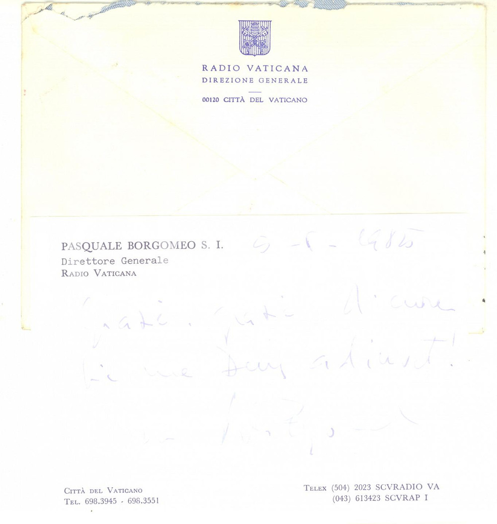 Autografo originale 1985 ROMA RADIO VATICANA Padre Pasquale BORGOMEO direttore  Biglietto AUTOGRAFO 1