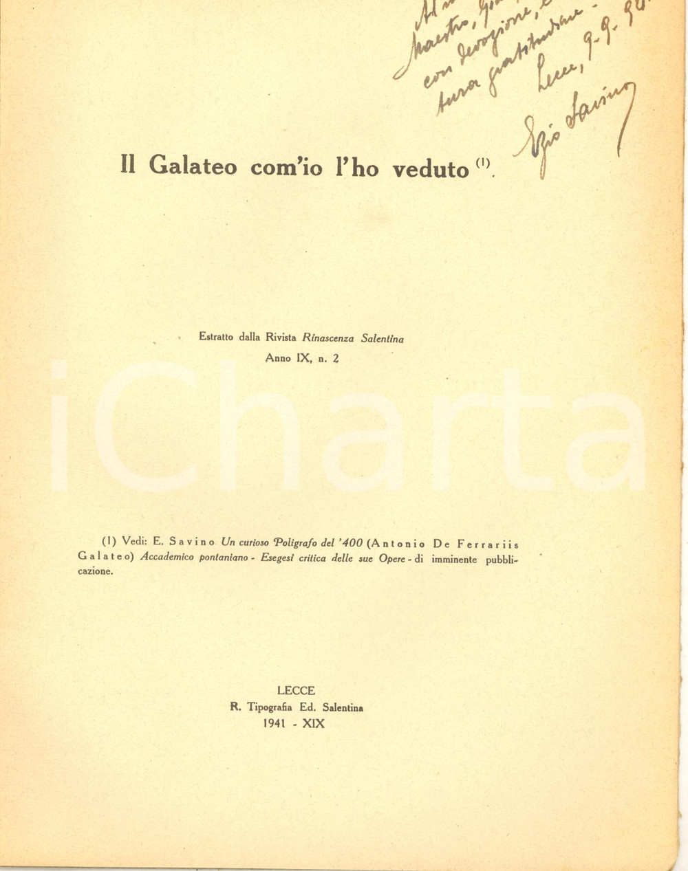 Libro, pubblicazione d epoca 1941 LECCE Ezio SAVINO Il Galateo com io l ho veduto  Invio AUTOGRAFO 1