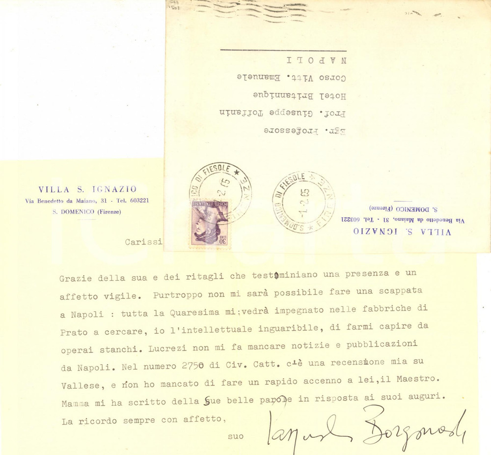 1965 NAPOLI Padre Pasquale BORGOMEO in Quaresima nelle fabbriche - AUTOGRAFO Lettera dattiloscritta, con firma autografa di padre Pasquale Borromeo, che annuncia la sua Quaresima:"... nelle fabbriche di Prato a cercare, io l'intellettuale inguaribile, di farmi capire da operai stanchi...".Su carta intestata "Villa S. Ignazio - S. Domenico (Firenze)".Busta viaggiata. PAGINE: 1 CONDIZIONI: FAIR (piegature d'epoca)    originale e autentica 1