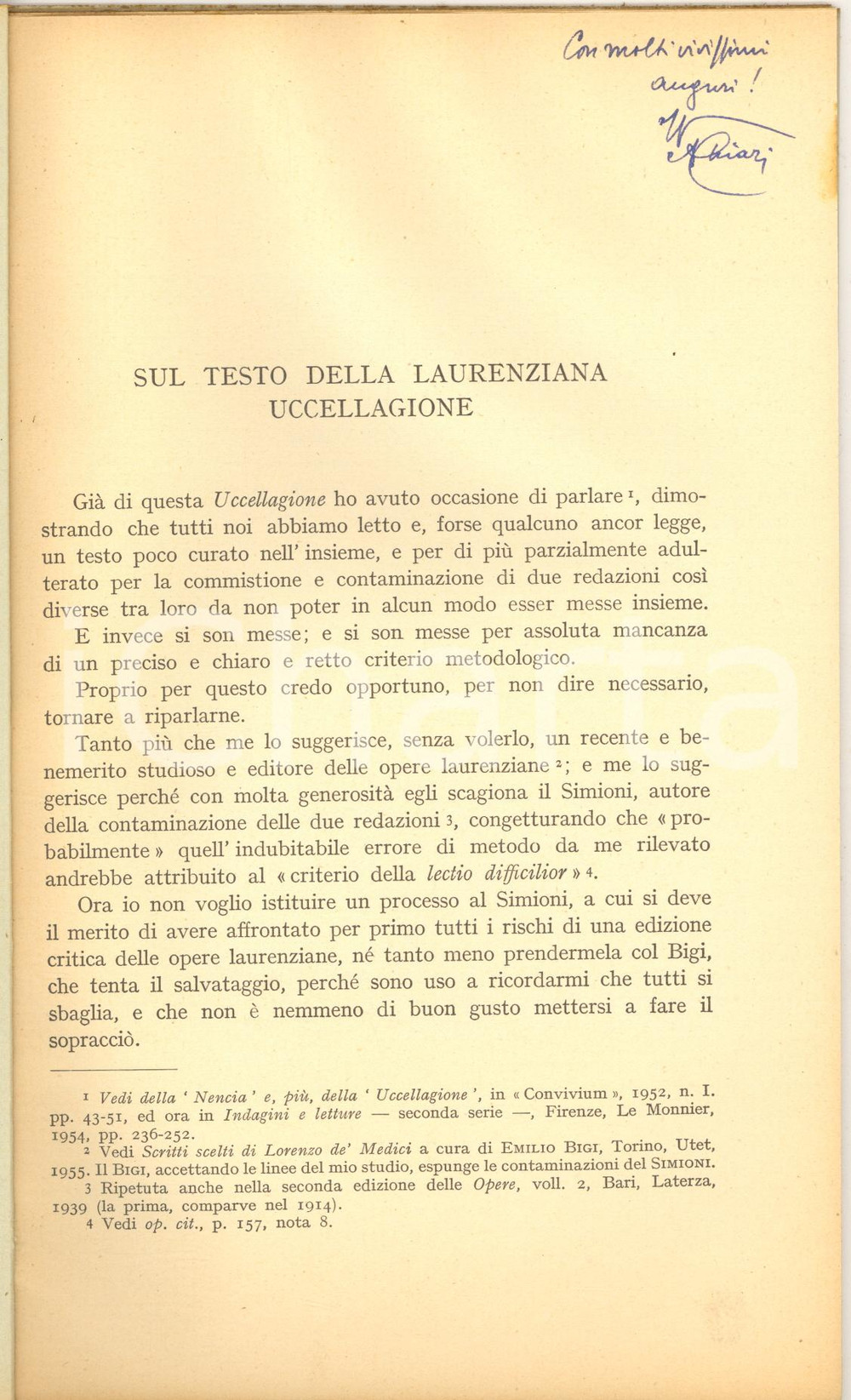 Libro, pubblicazione d epoca 1958 Alberto CHIARI Sul testo della laurenziana uccellagione  Invio AUTOGRAFO 1