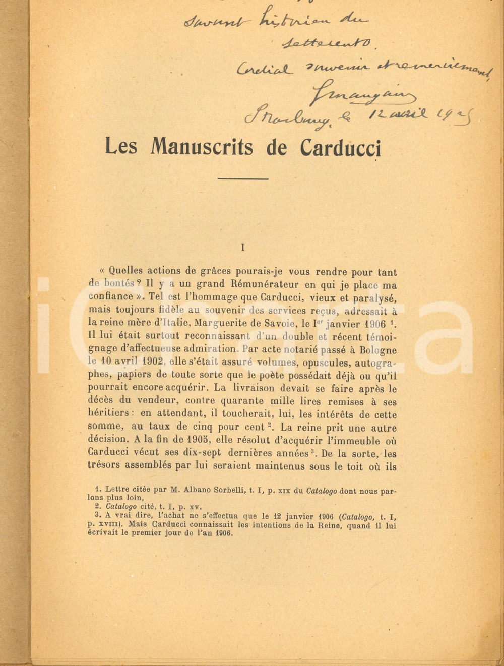 Libro, pubblicazione d epoca 1924 Gabriel MAUGAIN Les manuscrits de Carducci  Invio AUTOGRAFO 1