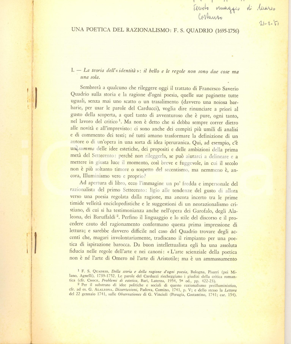 Libro, pubblicazione d epoca 1960 Mario COSTANZO Una poetica del razionalismo: F. S. Quadrio Invio AUTOGRAFO 1