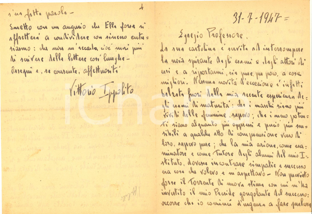Autografo originale 1947 s.l. Lettera Vittorio IPPOLITO docente all esame di maturitÃ   AUTOGRAFO 1