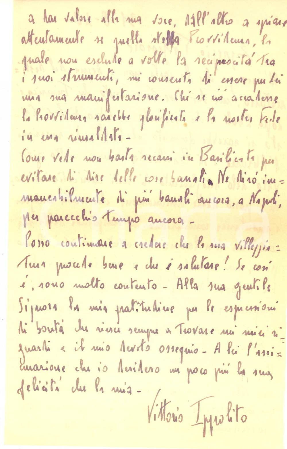 Autografo originale 1948 TRICARICO Vittorio IPPOLITO e il giovamento della Basilicata  AUTOGRAFO 1