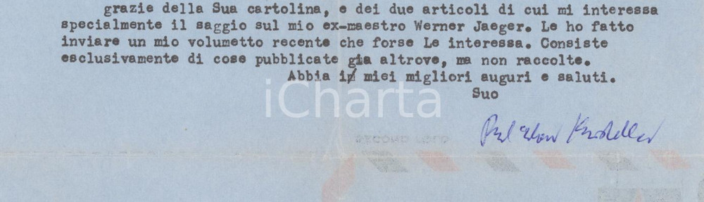 1965 NEW YORK Lettera Paul Oskar KRISTELLER per ringraziamento - AUTOGRAFO