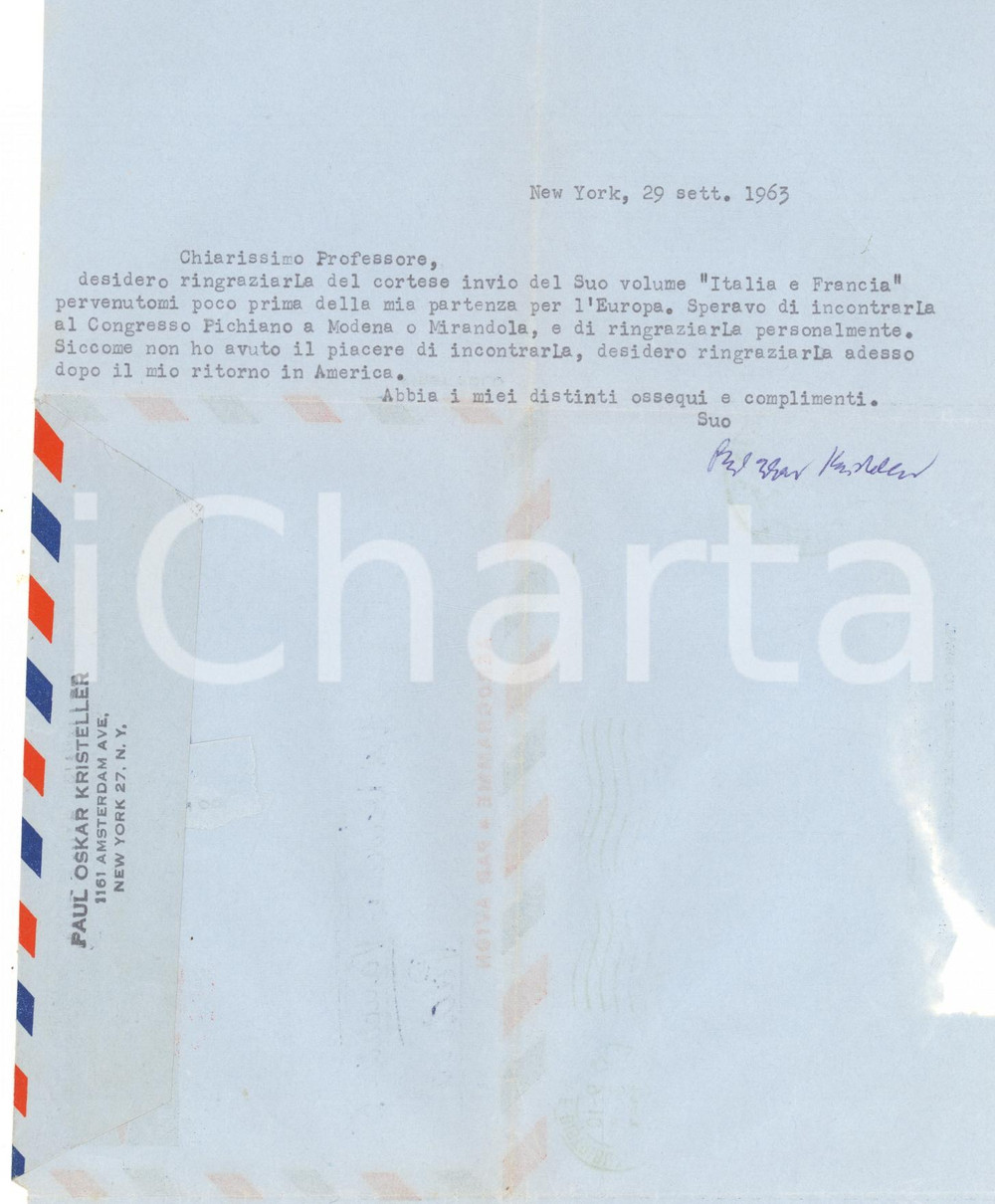 Autografo originale 1963 NEW YORK Lettera Paul Oskar KRISTELLER per ringraziamento  AUTOGRAFO 1