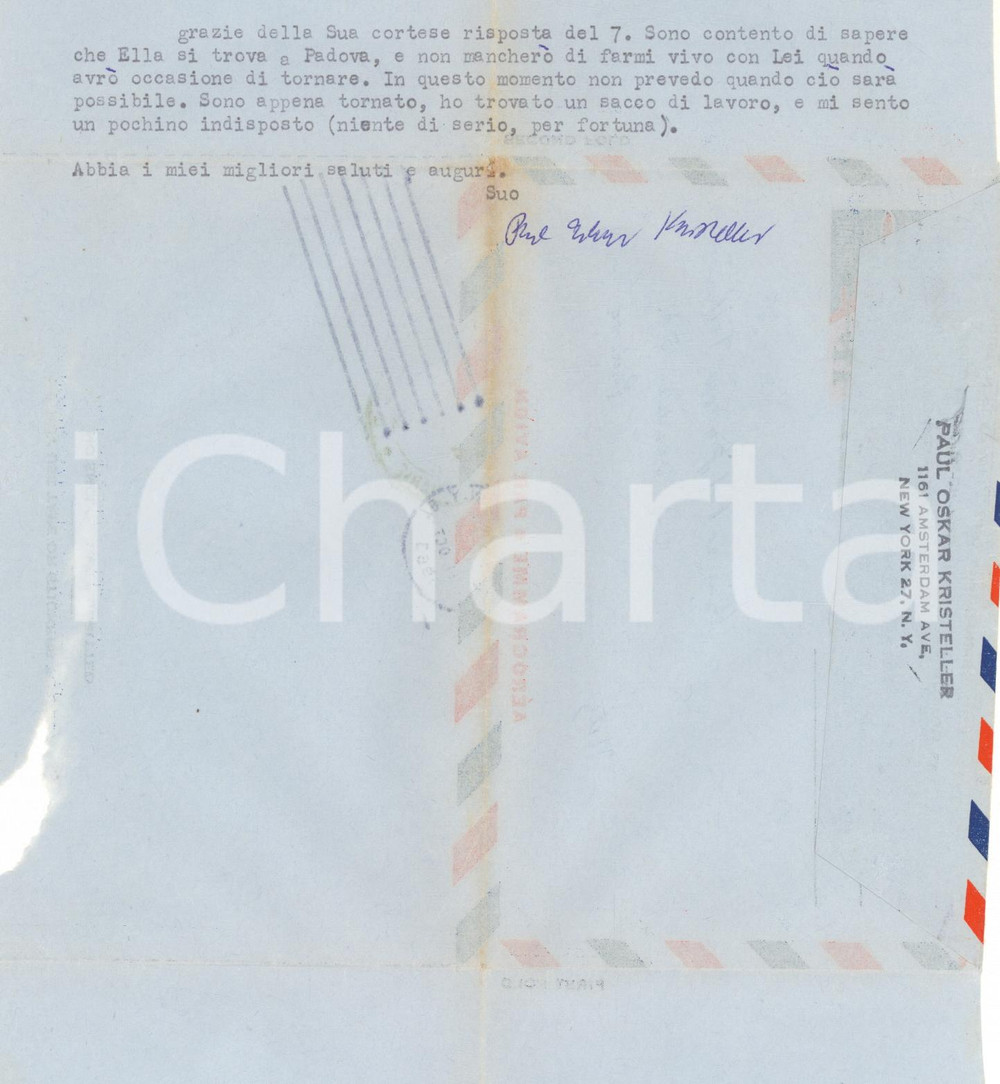 1963 NEW YORK Paul Oskar KRISTELLER indisposto e oberato di lavoro - AUTOGRAFO Lettera dattiloscritta, con firma autografa del celebre studioso Paul Oskar Kristeller.Viaggiata. PAGINE: 1 CONDIZIONI: FAIR (piegature d'epoca e taglio in corrispondenza dell'apertura)    originale e autentica 1