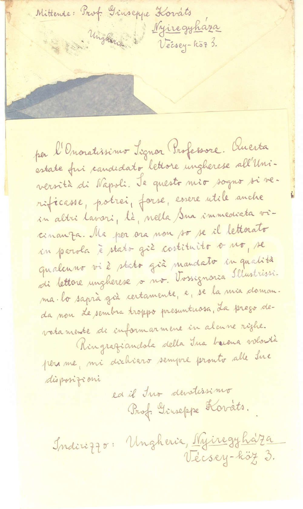 Autografo originale 1937 NYIREGYHAZA HUNGARY Lettera prof. Giuseppe KOVATS a un collega AUTOGRAFO 1
