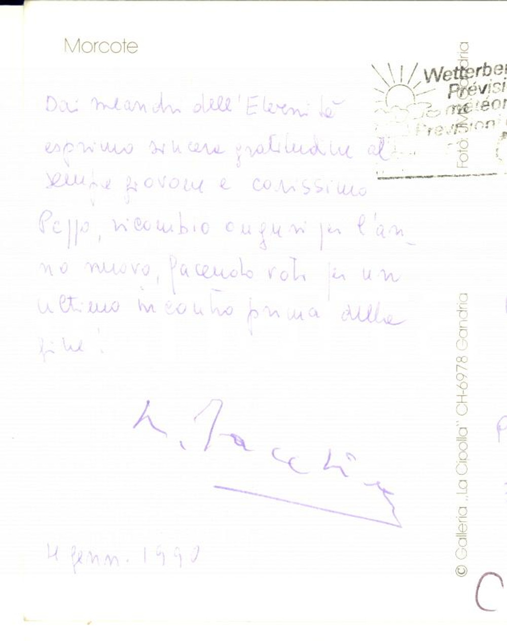 Autografo originale 1990 MORCOTE TICINO Cartolina Luigi Giuseppe JACCHIA  AUTOGRAFO FG VG 1