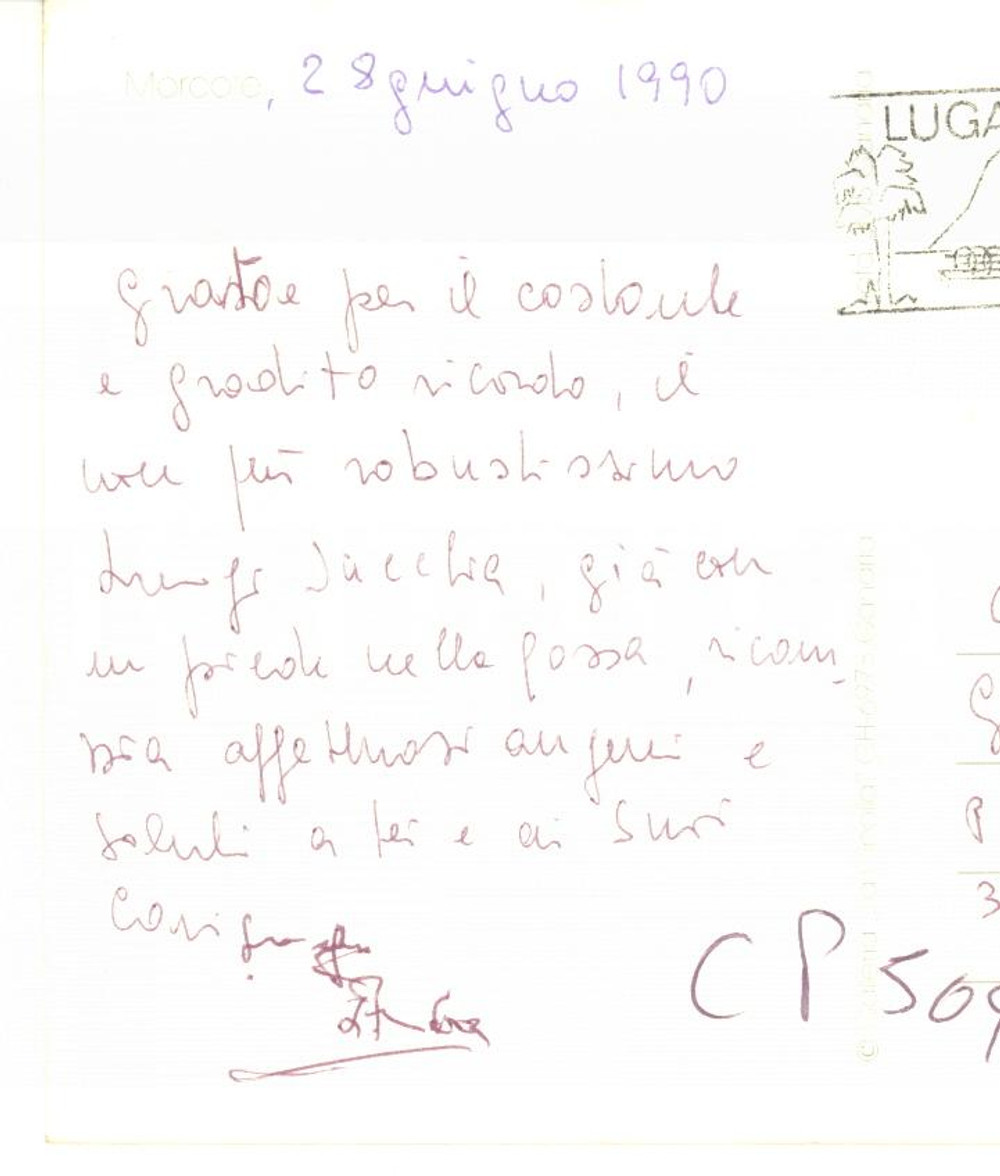 Autografo originale 1990 MORCOTE / TICINO Cartolina Luigi Giuseppe JACCHIA  AUTOGRAFO FG VG 1