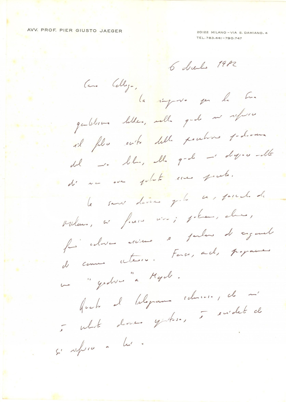 Autografo originale 1982 MILANO Lettera avv. prof. Pier Giusto JAEGER a un collega  Autografo 1