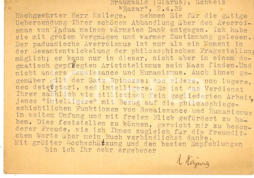 Autografo originale 1939 BRAUNWALD / GLARONA Cartolina Richard HONIGSWALD a un collega  AUTOGRAFO 1