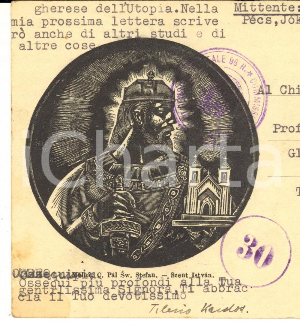 1943 PECS (UNGHERIA) Tiberio KARDOS e la salvezza dell'Italia - AUTOGRAFO Cartolina postale dattiloscritta, con firma autografa dello studioso, che si augura la salvezza e la pace per l'Italia.Viaggiata. CONDIZIONI: POOR (piegature)    originale e autentica 1