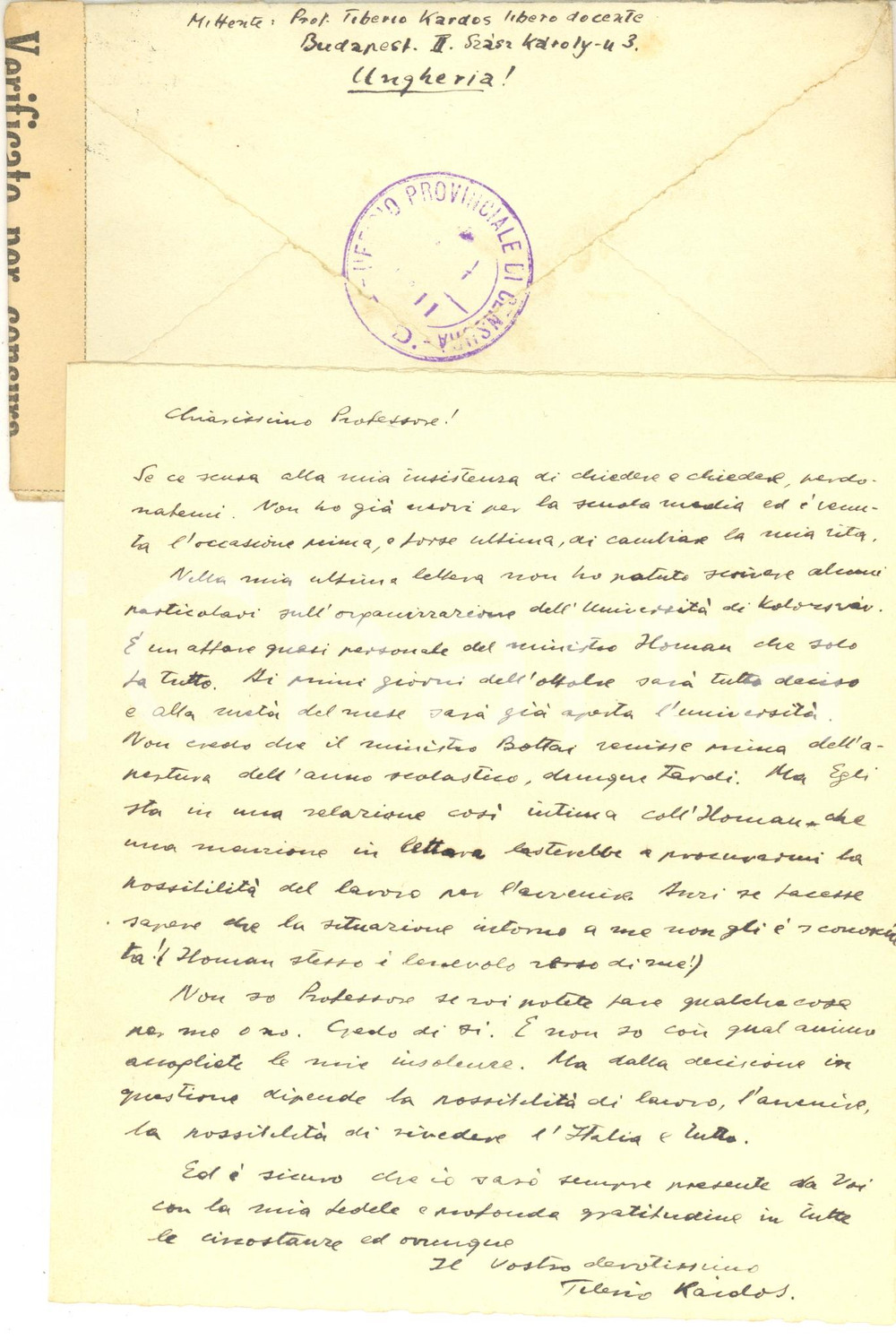 Autografo originale 1940 ca BUDAPEST Tiberio KARDOS su nuova universitÃ  di KolozsvÃ¡r  AUTOGRAFO 1