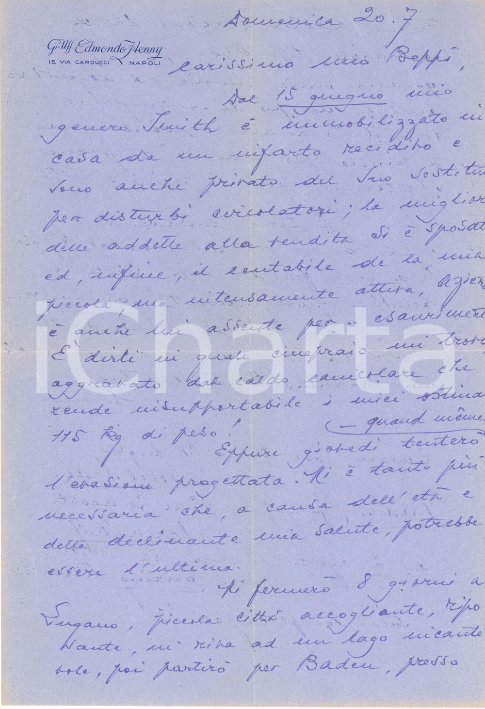 Autografo originale 1952 NAPOLI Gr. Uff. Edmondo HENNY in partenza per la Svizzera  Autografo 1