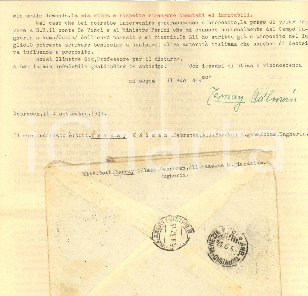 Autografo originale 1937 DEBRECEN UNGHERIA Lettera KÃ¡lmÃ¡n TERNAY per lavoro in Italia Autografo 1