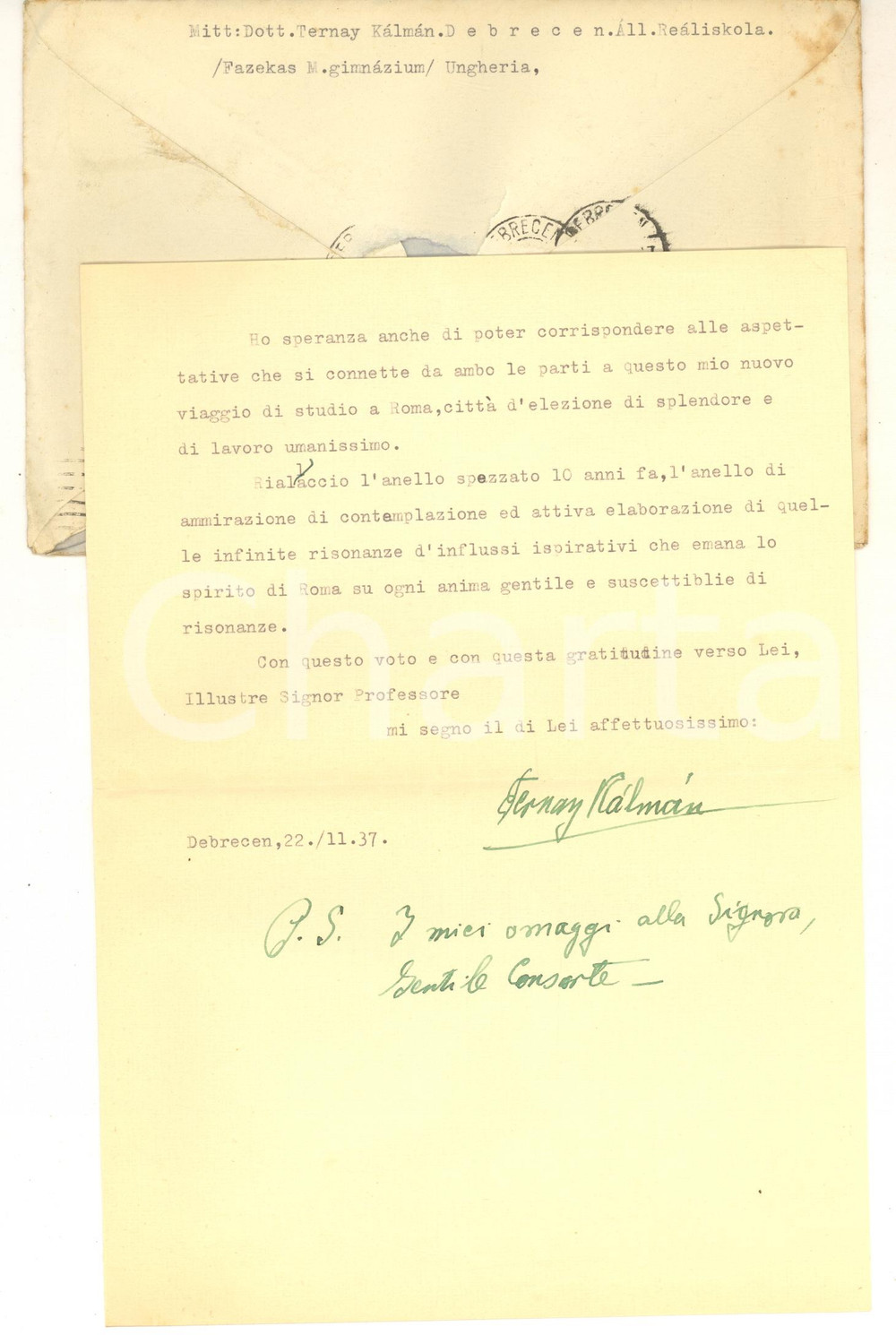 Autografo originale 1937 DEBRECEN UNGHERIA Lettera KÃ¡lmÃ¡n TERNAY per ringraziamento  Autografo 1
