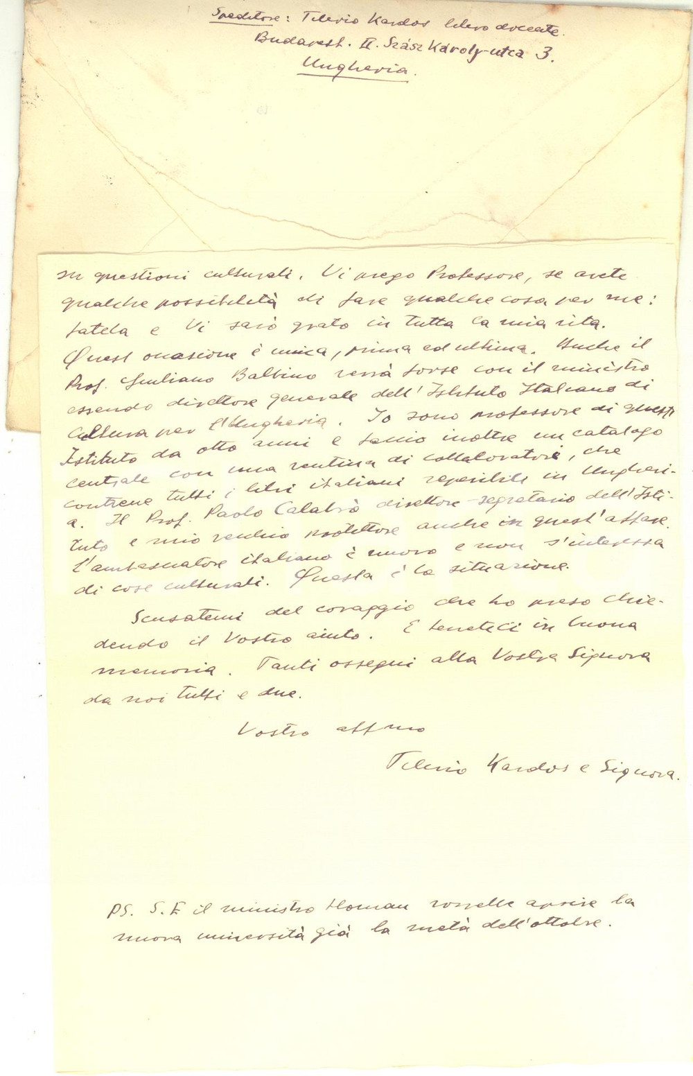 Autografo originale 1940 ca BUDAPEST Tiberio KARDOS e la nuova universitÃ  di KolozsvÃ¡r  Autografo 1