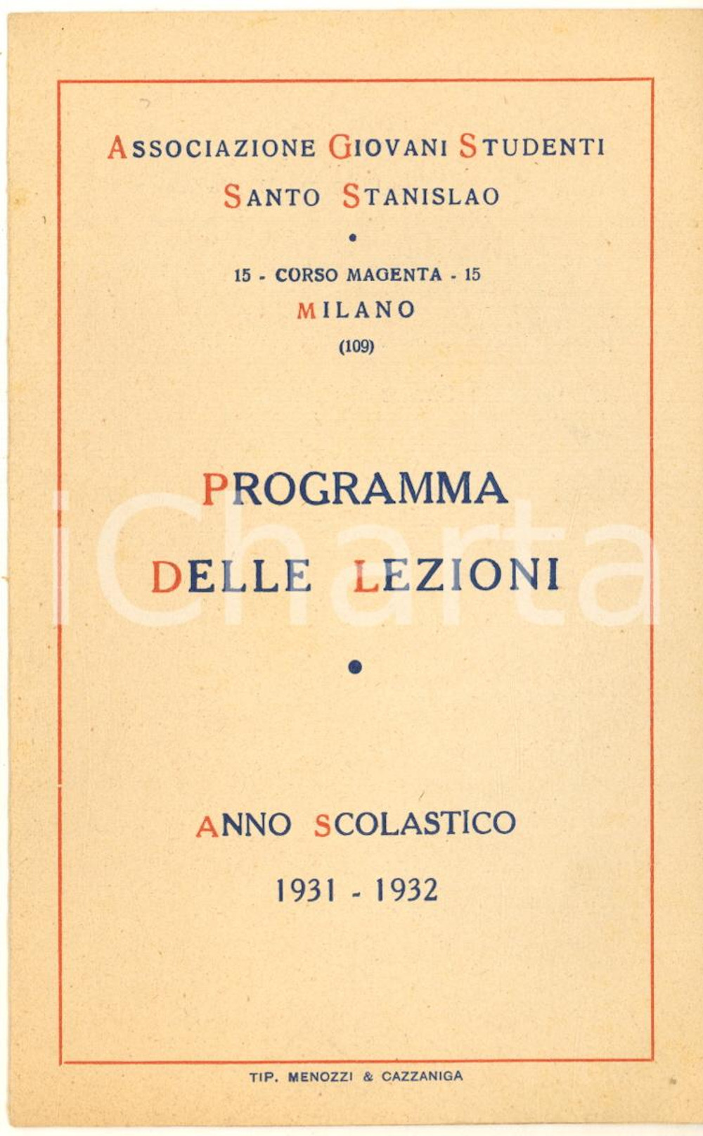 Documento originale, autentico 1931 MILANO Associazione Giovani Studenti Santo Stanislao  Programma lezioni 1