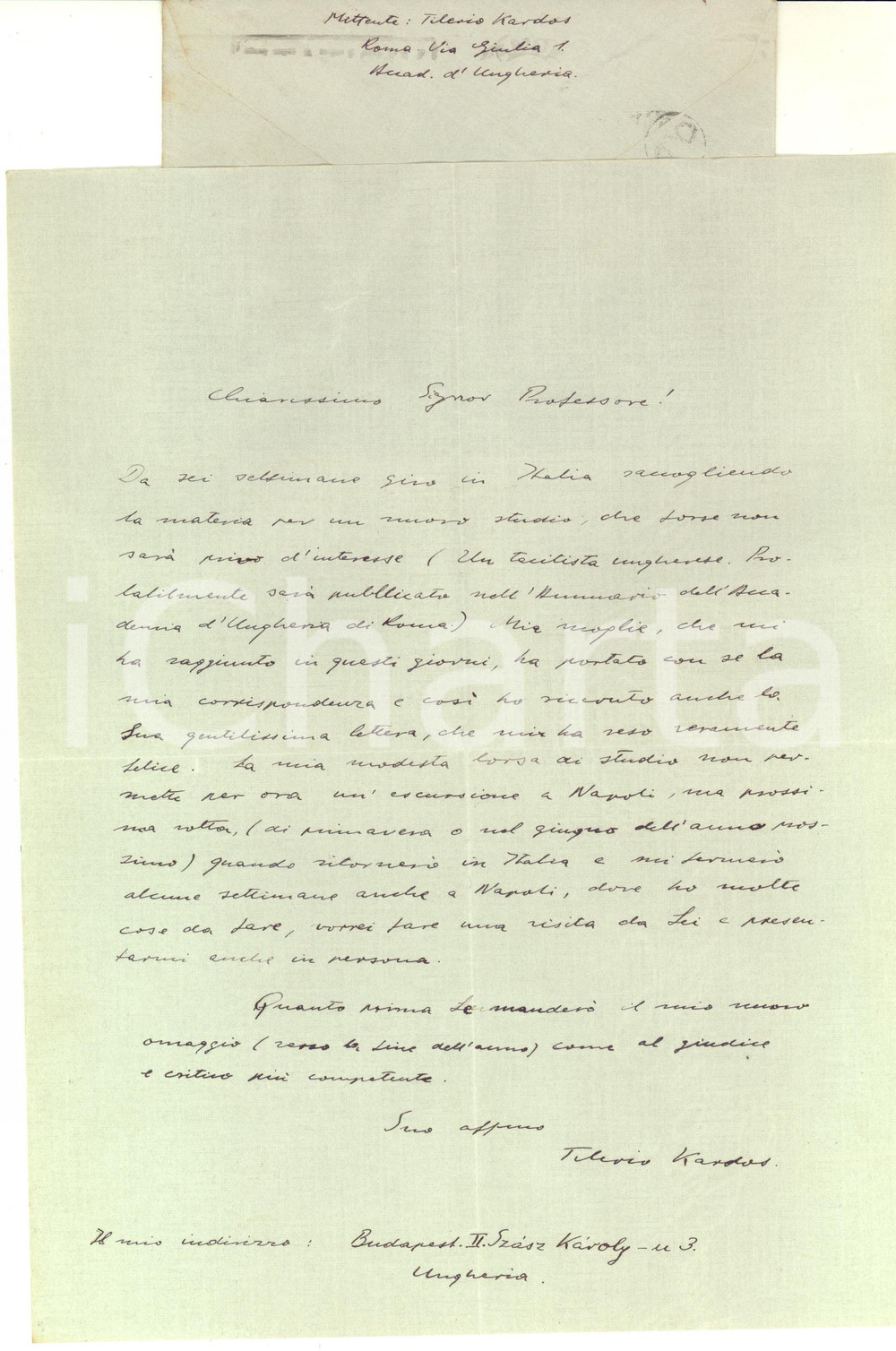 Autografo originale 1937 ROMA Lettera prof. Tiberio KARDOS al lavoro su un nuovo studio  Autografo 1