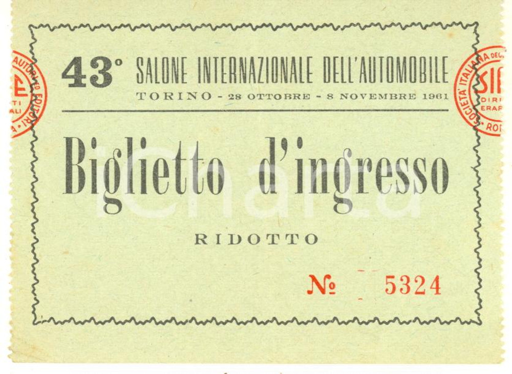 1961 TORINO 43Â° Salone dell'Automobile - Biglietto d'ingresso ridotto Biglietto di ingresso d'epoca..CONDIZIONI: FAIR (minima piegatura angolare; piegatura verticale d'epoca)FORMATO: 10x8 cm    originale e autentica 1