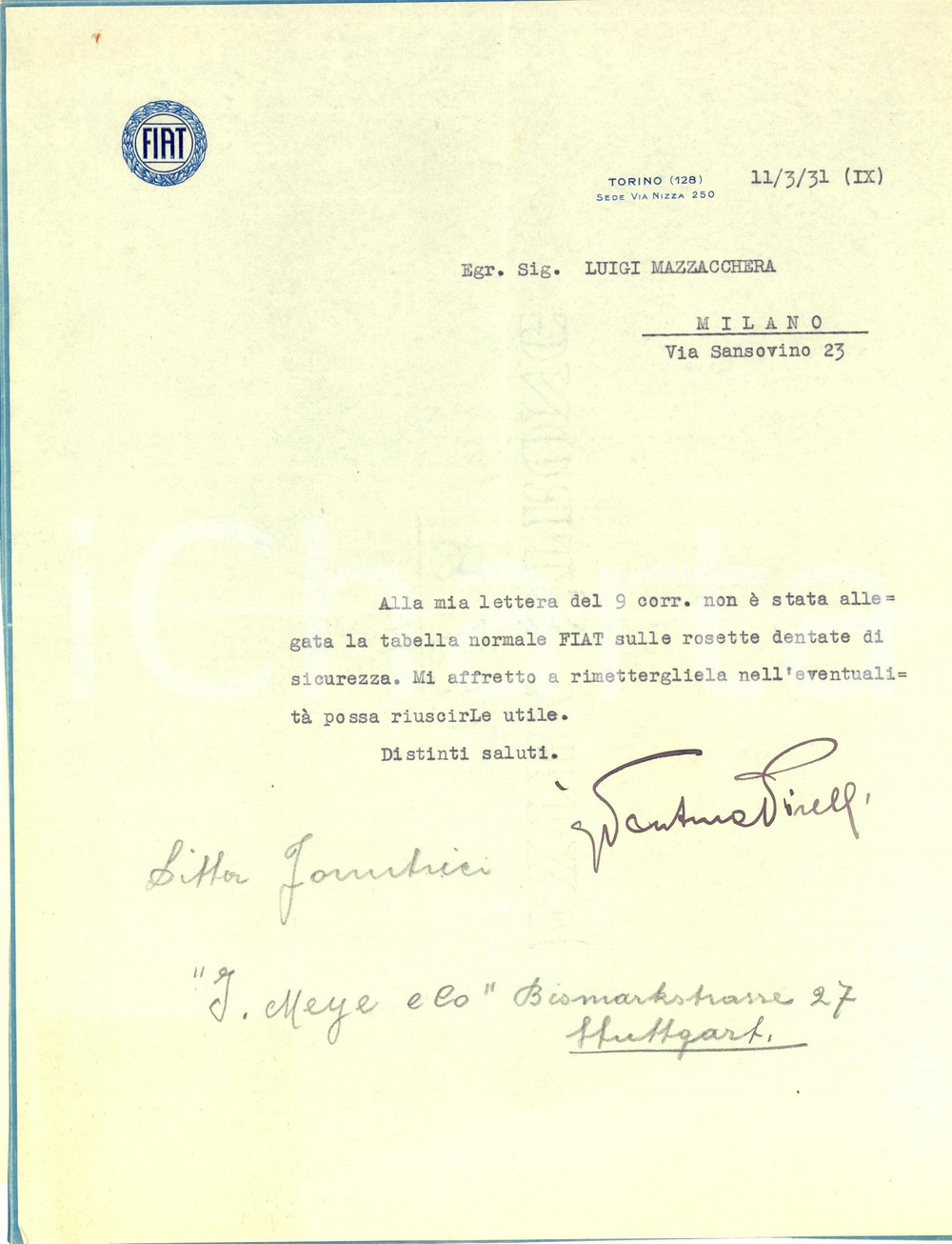 Autografo originale 1931 TORINO FIAT Lettera ing. Piero VENTURA PISELLI  per tabella  AUTOGRAFO 1