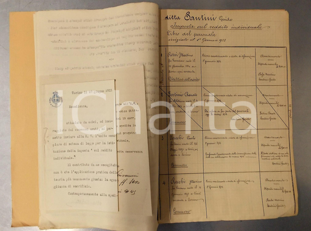 Documento originale, autentico 1923 TORINO Manlio CITTADINI Progetto imposta sul reddito individuale AUTOGRAFO 1
