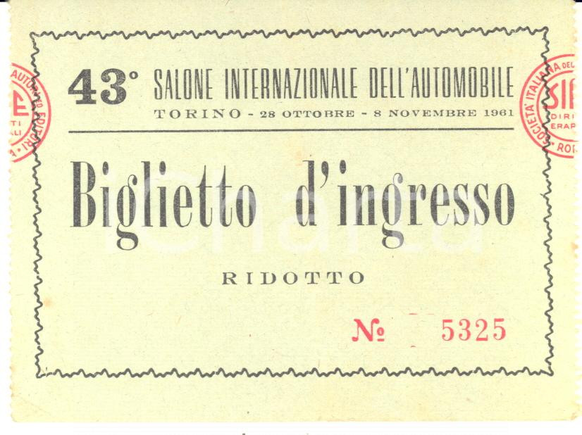Oggetto da collezione cartaceo 1961 TORINO 43Â° Salone Internazionale dell Automobile  Biglietto d ingresso 1
