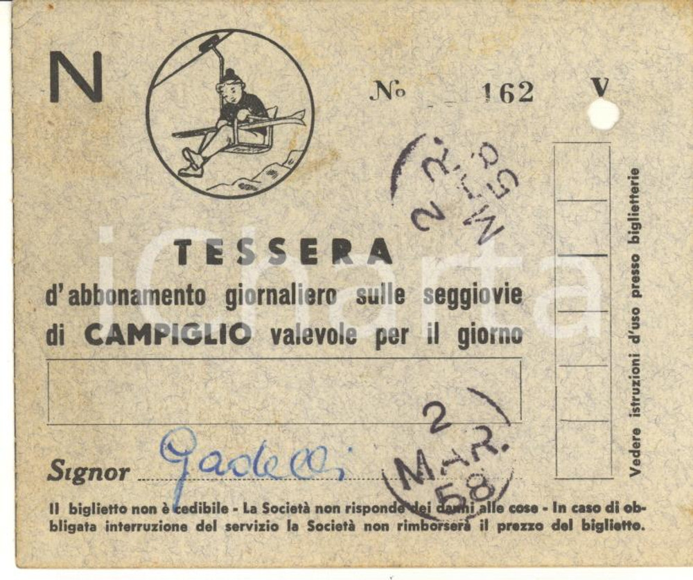 1958 MADONNA DI CAMPIGLIO Tessera di abbonamento giornaliero seggiovie Tessera d'epoca, con foratura da vidimazione.CONDIZIONI: FAIR (lievi ingiallimenti)    originale e autentica 1