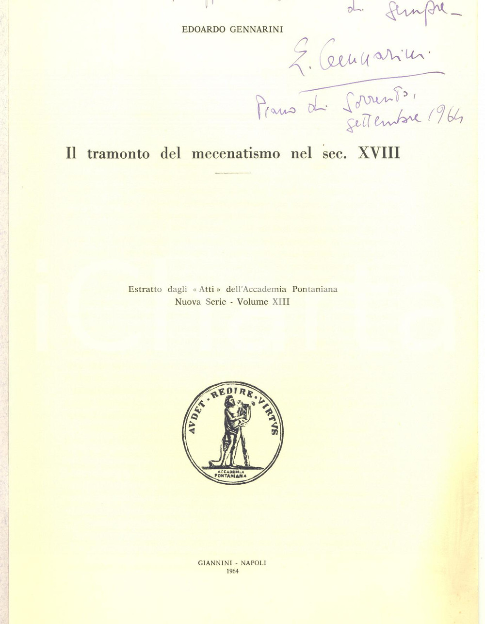 Libro, pubblicazione d epoca 1964 Edoardo GENNARINI Il tramonto del mecenatismo  Invio autografo 8 pp. 1