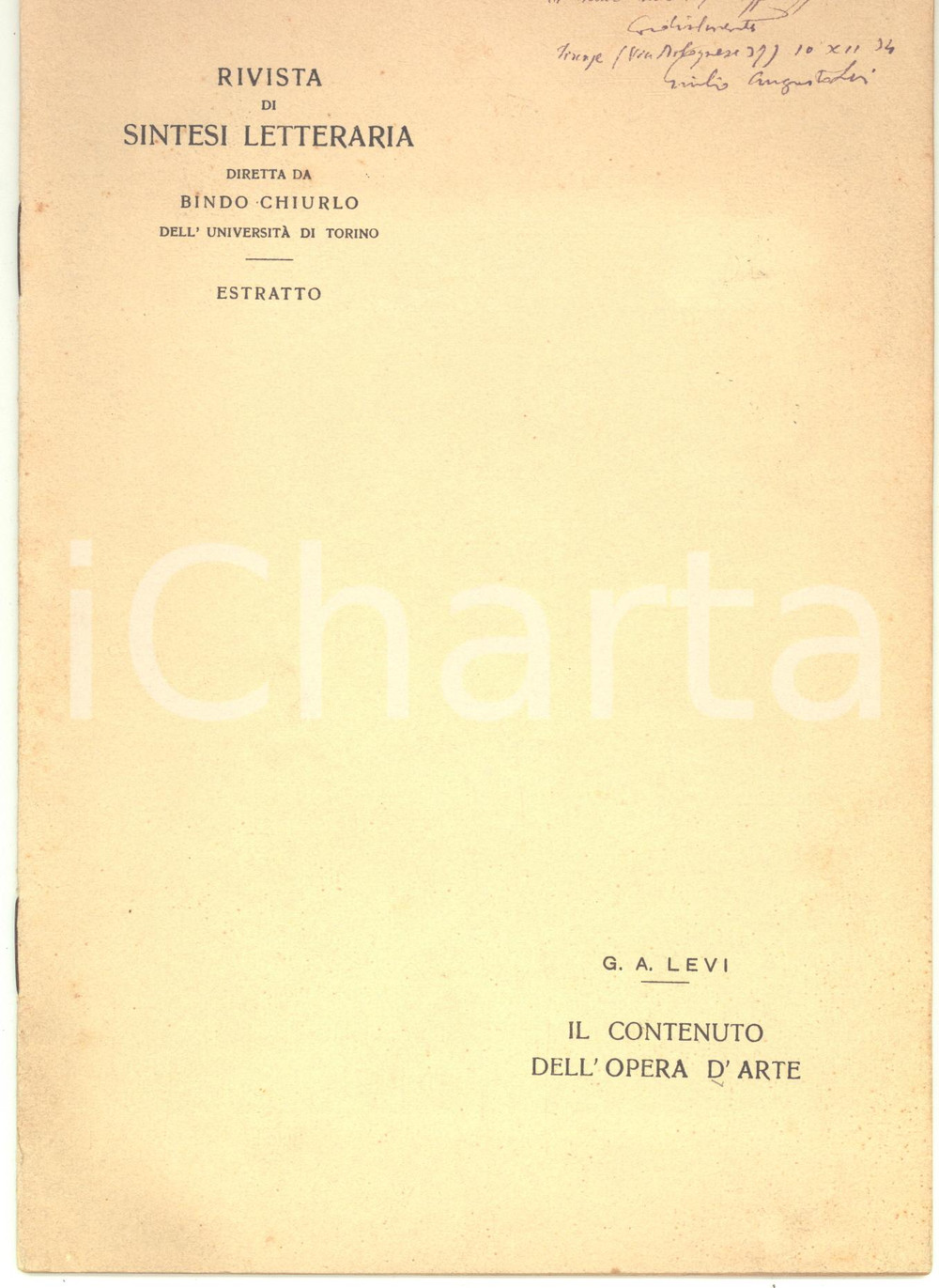 Libro, pubblicazione d epoca 1934 Giulio Augusto LEVI Il contenuto dell opera d arte  Invio autografo 1