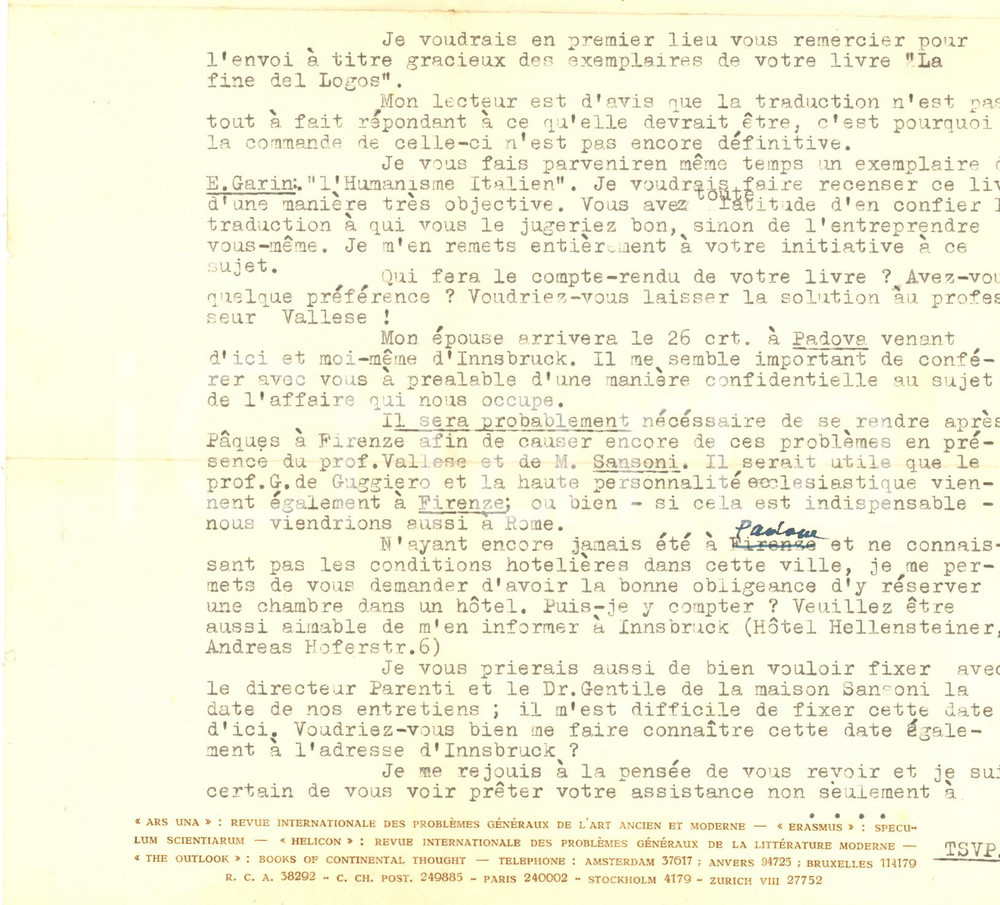 1948 BRUXELLES Editions Panthéon - Lettera Koloman KOLLAR per viaggio *AUTOGRAFO