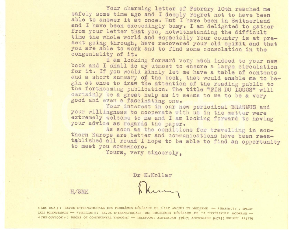 Autografo originale 1946 AMSTERDAM Editions PanthÃ©on  Koloman KOLLAR a un collega  AUTOGRAFO 1