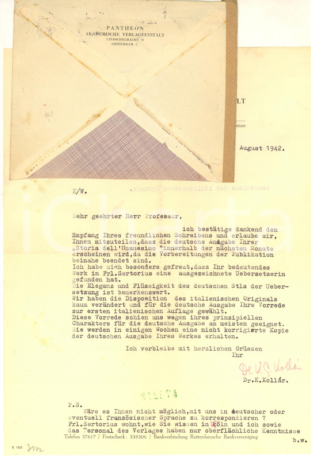 Autografo originale 1942 AMSTERDAM Pantheon Akademische Verlagsanstalt  Koloman KOLLAR  AUTOGRAFO 1