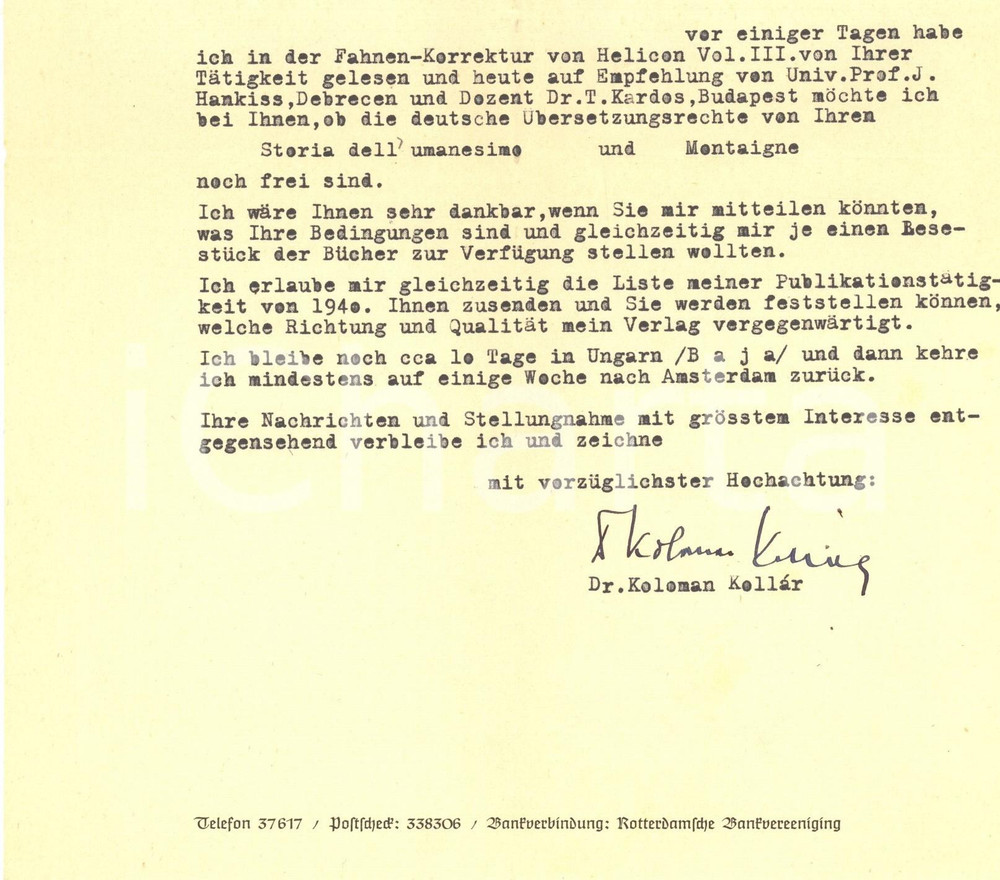 Autografo originale 1941 BAJA  PANTHEON AKADEMISCHE VERLAGSANSTALT  Koloman KOLLAR  AUTOGRAFO 1