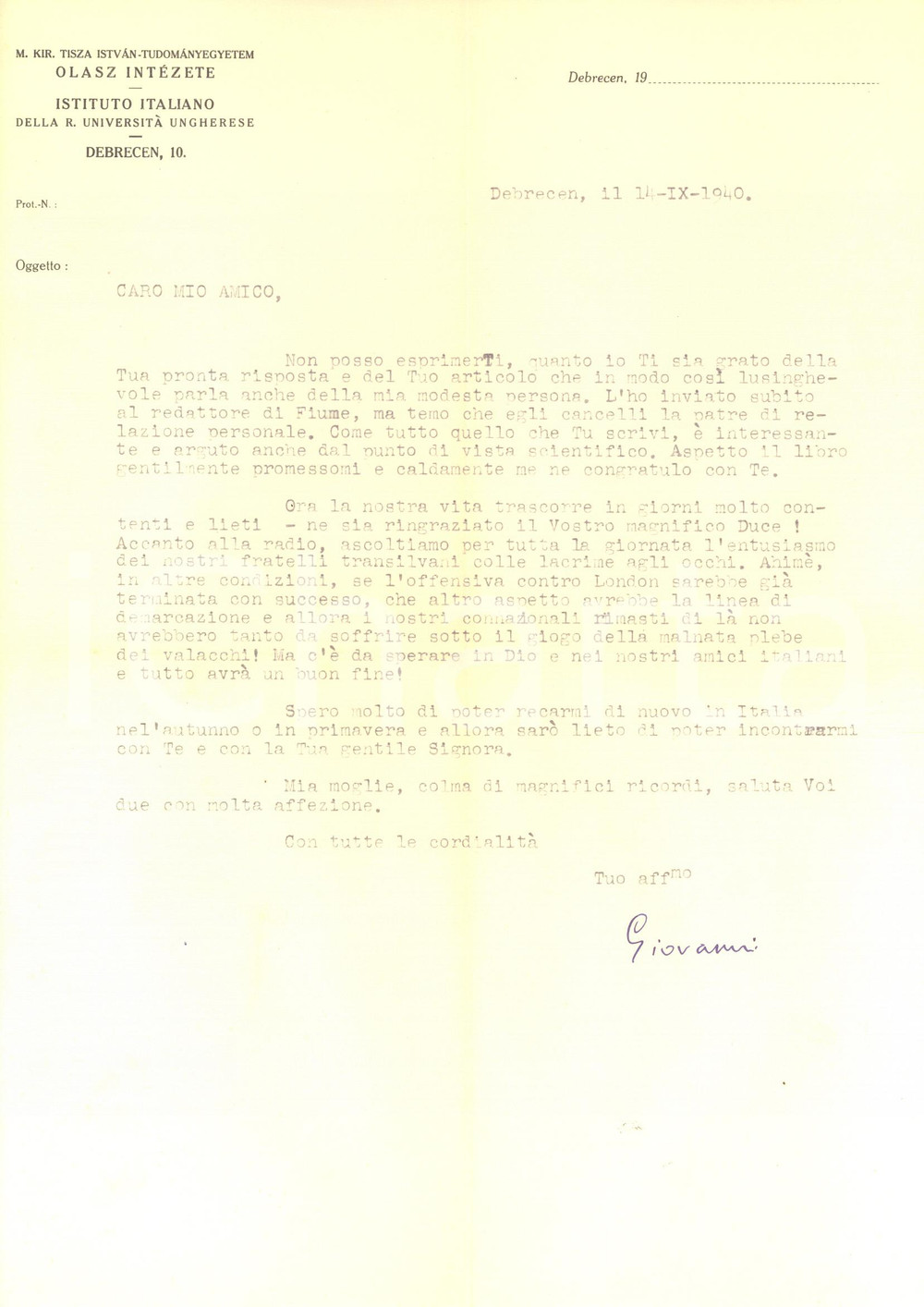 Autografo originale 1940 DEBRECEN Giovanni HANKISS Giorni lieti grazie al vostro Duce AUTOGRAFO 1