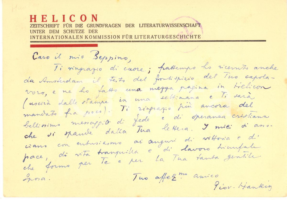 Autografo originale 1940 DEBRECEN  HELICON  Giovanni HANKISS ringrazia per un libro  AUTOGRAFO 1
