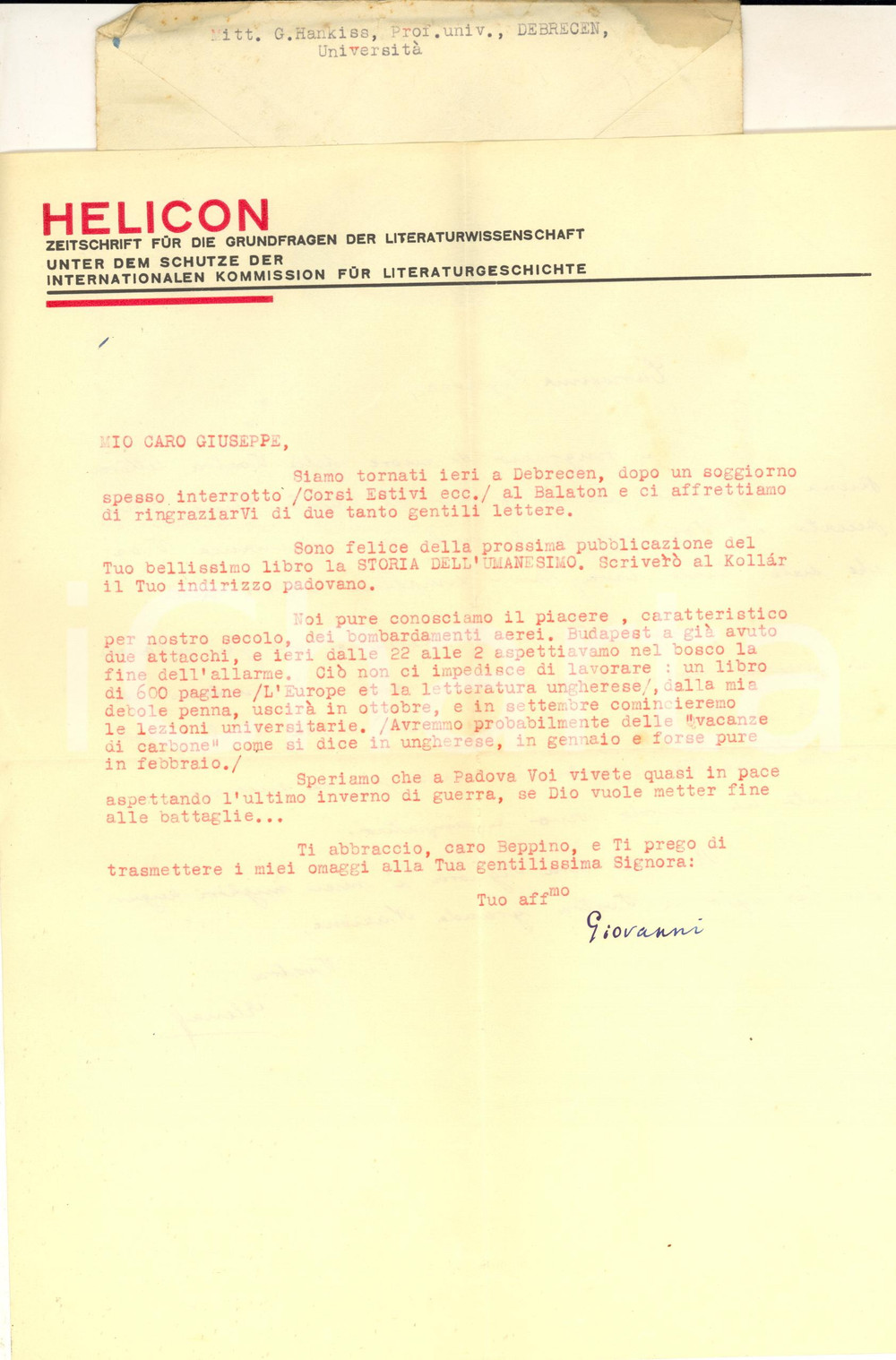 Autografo originale 1942 WW2 DEBRECEN Giovanni HANKISS e il piacere dei bombardamenti  Autografo 1