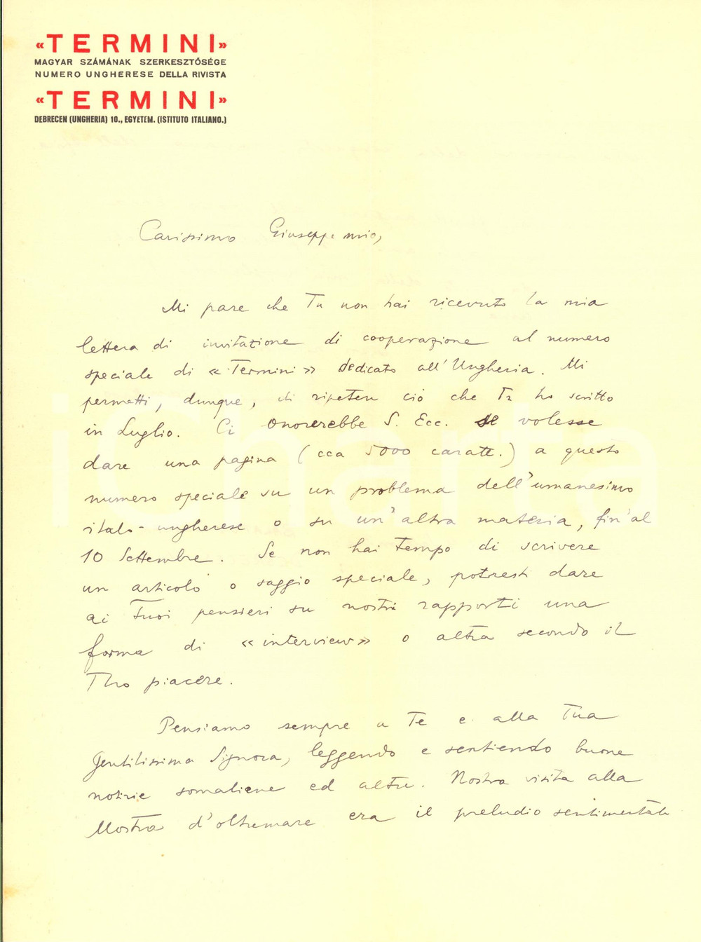 Autografo originale 1940 ca DEBRECEN Giovanni HANKISS su collaborazione a Termini  Autografo 1