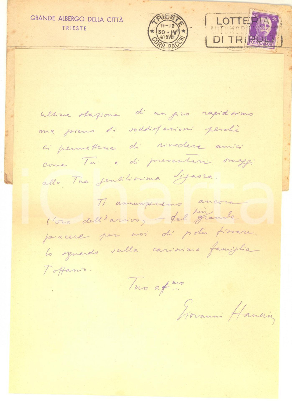 1940 TRIESTE Lettera di Giovanni HANKISS a un collega italiano - Autografo Lettera autografa di Jonas (Giovanni) Hankiss, filologo e docente dell'Universit&agrave; di Debrecen, a un collega italiano durante il suo soggiorno.Carta intestata e busta viaggiata "Grande Albergo della Citt&agrave; - Trieste". CONDIZIONI: FAIR (piegature d'epoca)PAGINE: 4 (2 scritte)    originale e autentica 1