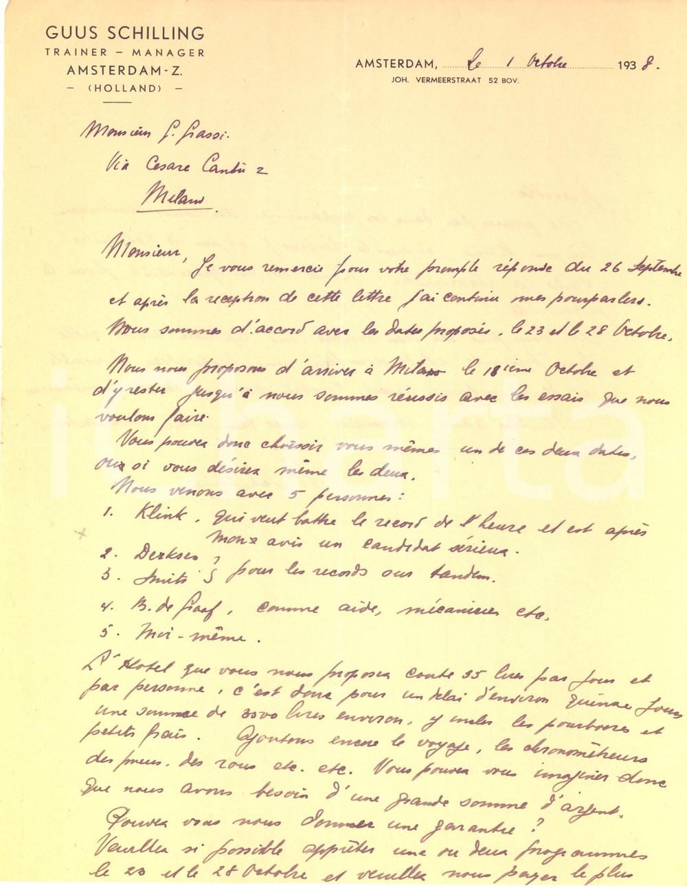 Autografo originale 1938 AMSTERDAM CICLISMO Guus SCHILLING organizza una gara a Milano  Autografo 1