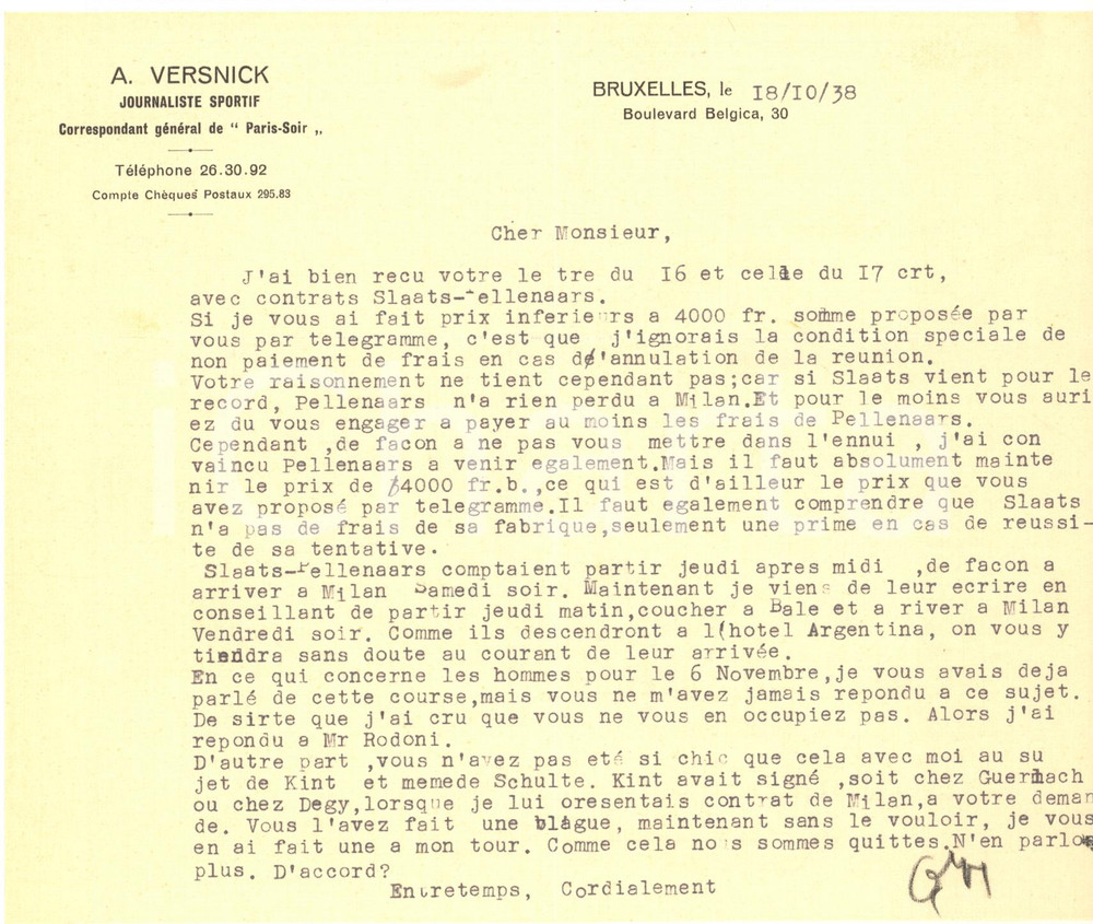 Autografo originale 1938 BRUXELLES CICLISMO Lettera A. VERSNICK per spese ciclisti  AUTOGRAFO 1
